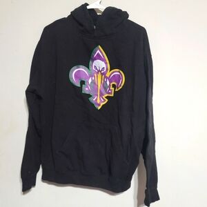 Womens Sz Large Black Mardi Gras Hoodie‎ Sweatshirt Top Purple Green Spellout